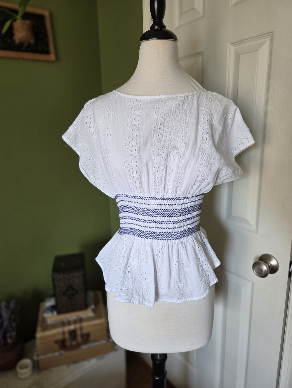 Cliche Eyelet Peplum Blouse with Navy Waistband